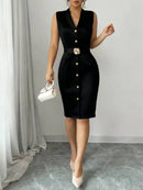 Vestido Midi Feminino Primavera/Verão, Preto, Sem Mangas, Gola Blazer, Com Cinto, Botões Frontais, Modelo Bodycon Elegante Profissional para Escritório