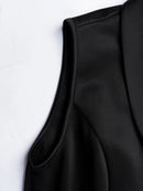 Vestido Midi Feminino Primavera/Verão, Preto, Sem Mangas, Gola Blazer, Com Cinto, Botões Frontais, Modelo Bodycon Elegante Profissional para Escritório