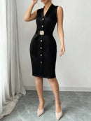 Vestido Midi Feminino Primavera/Verão, Preto, Sem Mangas, Gola Blazer, Com Cinto, Botões Frontais, Modelo Bodycon Elegante Profissional para Escritório