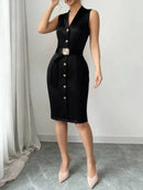 Vestido Midi Feminino Primavera/Verão, Preto, Sem Mangas, Gola Blazer, Com Cinto, Botões Frontais, Modelo Bodycon Elegante Profissional para Escritório
