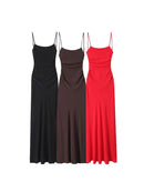 Vestido Midi Drapeado Feminino, Decote Reto, Alças Finas, Costas Abertas, Vestido Feminino Chic e Fashion