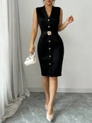 Vestido Midi Feminino Primavera/Verão, Preto, Sem Mangas, Gola Blazer, Com Cinto, Botões Frontais, Modelo Bodycon Elegante Profissional para Escritório