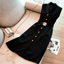 Vestido Midi Feminino Primavera/Verão, Preto, Sem Mangas, Gola Blazer, Com Cinto, Botões Frontais, Modelo Bodycon Elegante Profissional para Escritório