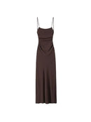 Vestido Midi Drapeado Feminino, Decote Reto, Alças Finas, Costas Abertas, Vestido Feminino Chic e Fashion