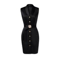 Vestido Midi Feminino Primavera/Verão, Preto, Sem Mangas, Gola Blazer, Com Cinto, Botões Frontais, Modelo Bodycon Elegante Profissional para Escritório
