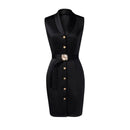 Vestido Midi Feminino Primavera/Verão, Preto, Sem Mangas, Gola Blazer, Com Cinto, Botões Frontais, Modelo Bodycon Elegante Profissional para Escritório