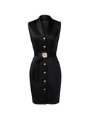 Vestido Midi Feminino Primavera/Verão, Preto, Sem Mangas, Gola Blazer, Com Cinto, Botões Frontais, Modelo Bodycon Elegante Profissional para Escritório