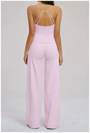 Conjunto Esportivo Feminino 2 Peças: Top Regata com Costas Estéticas + Calça Pantalona de Cintura Alta, Roupa de Yoga Respirável para Academia e Loungewear